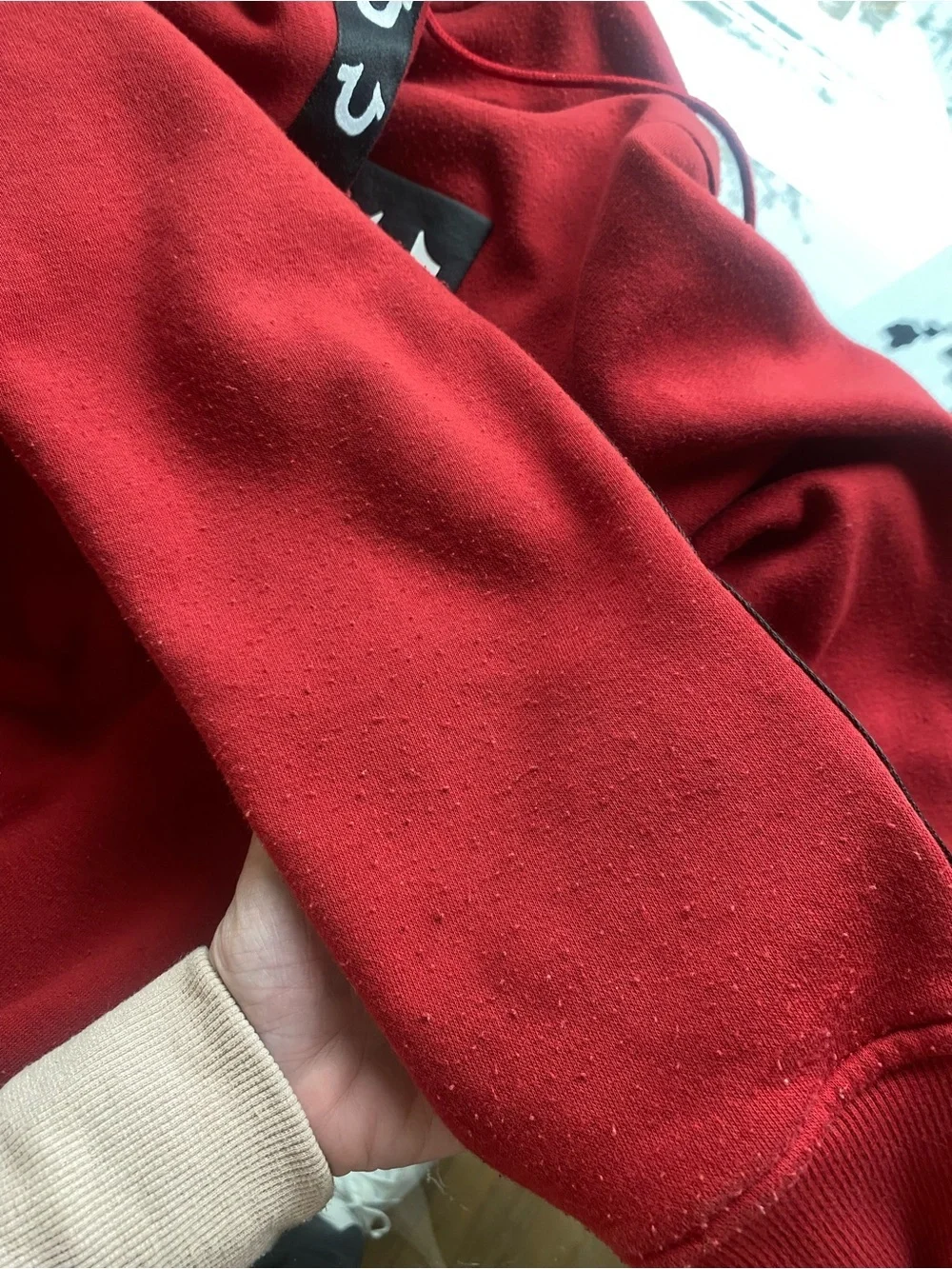True Religion Red Zip Up Hoodie Logo Tape Sleeves Men’s Size Large L Streetwear
